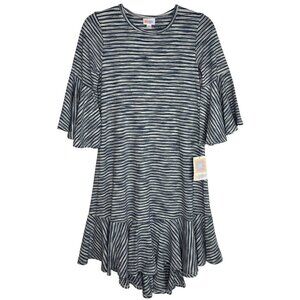 NWT Lularoe Maurine Blue Striped Ruffled Swing Dress Bell Sleeves Sz XS Oversize